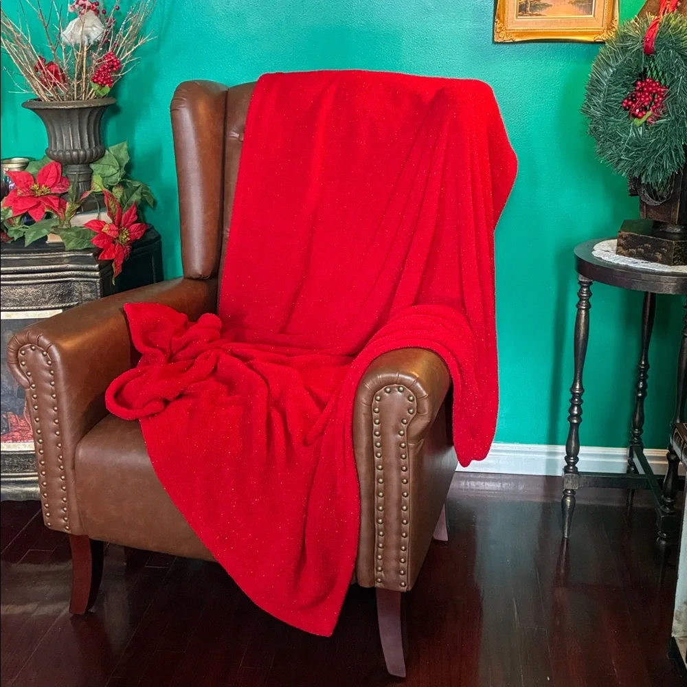 Red chenille with silver sparkles throw blanket 50”X 62” holiday decor christmas